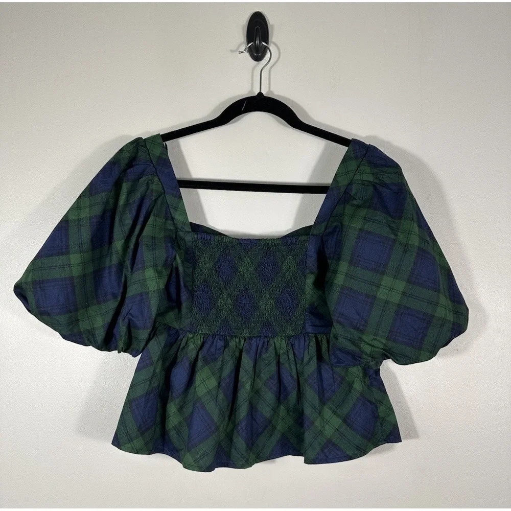 Old Navy Blackwatch Plaid Peplum Top Womens XS Short Puff Sleeve Cotton NWT